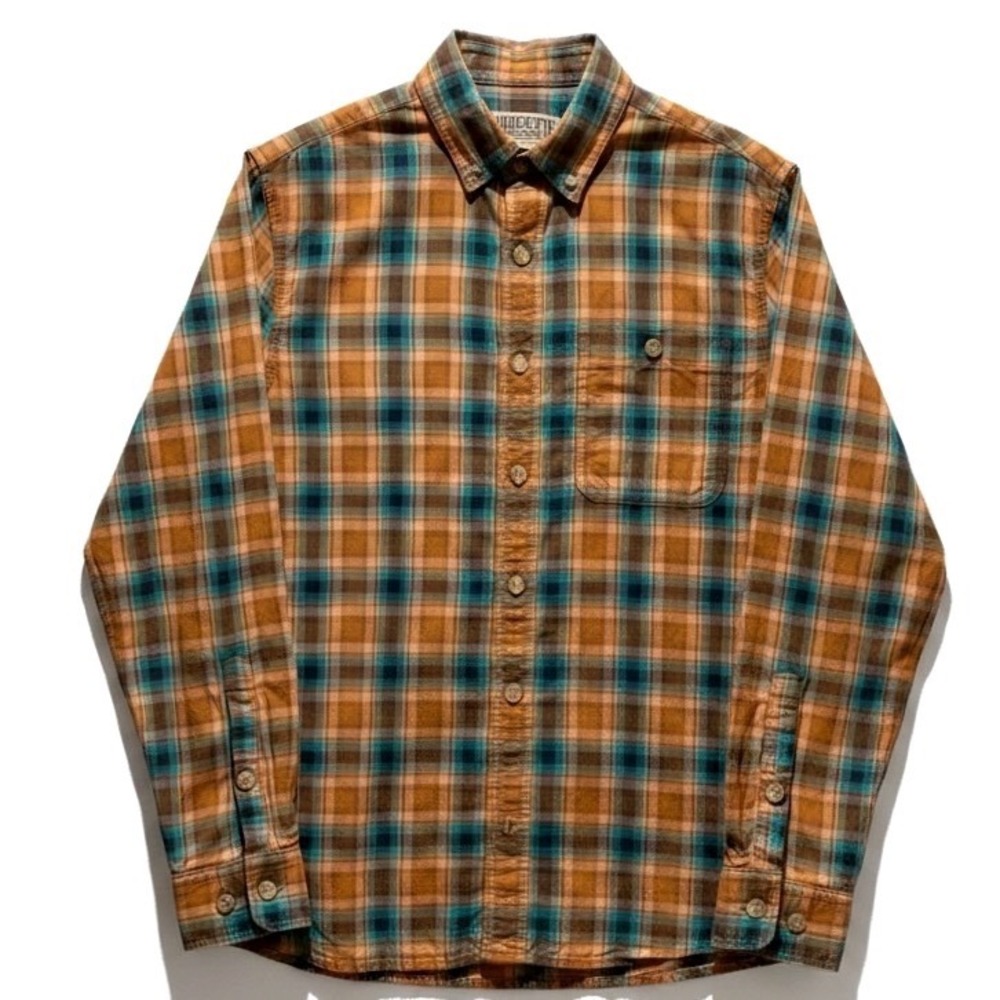 Duluth Trading Co Plaid Shirt Mens M Orange Blue Relaxed Fit Workwear Autumn